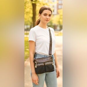 Brighton NWT VINTAGE Go Go Crossbody BL Nylon& Brown Croc Emb Patent Leather